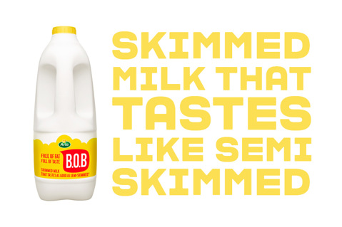 'Skimmed milk that tastes like semi skimmed' next to an Arla B.O.B bottle