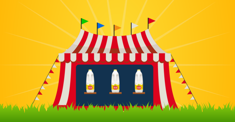 An illustration of a fairground tent with Arla B.O.B bottles